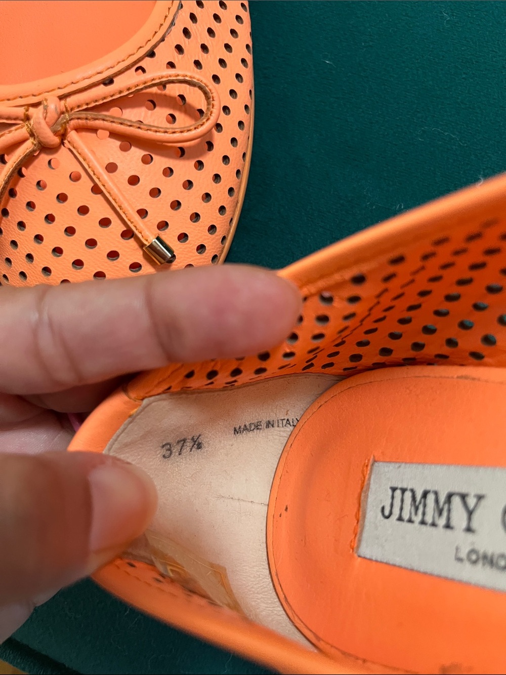 Jimmy Choo Neon Orange Perforated Leather Ballet Flats 37 1/2 - Picture 3 of 11